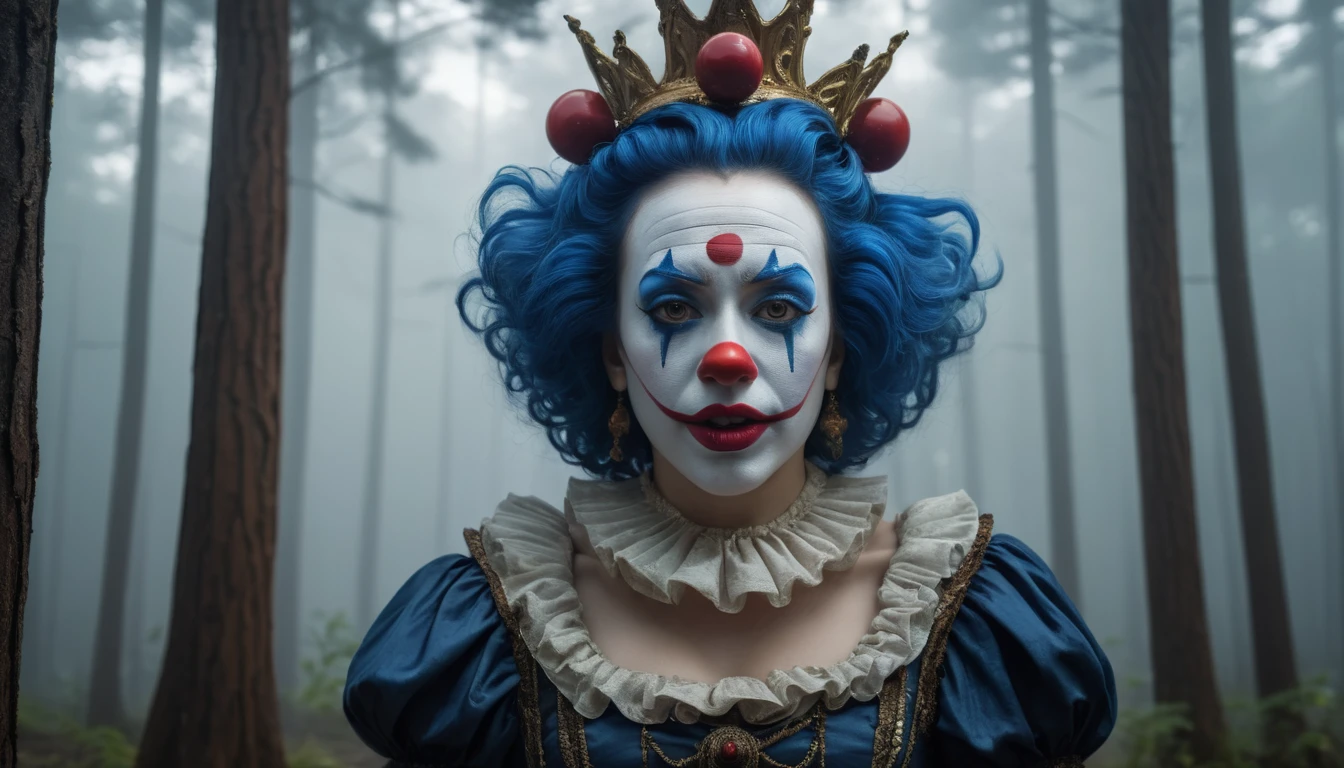 Commercial photography of a beautiful woman clown with mouth opened wide in a pine forest with a circus tent in the background and a camp fire (foggy:1.2), silhouetted in soft shadow, clowns hiding behind trees peaking their heads out to spy on us. (photograph:1.2) , (blue theme) uhd photorealisitc authentic psychotic angry madman wearing ornate clown costume and intricate voodoo makeup, shoulders, intricate details, vivid colors, frightening surroundings, correct details, in the style of amano, karol bak, akira toriyama, and greg rutkowski , perfect composition, beautiful detailed intricate insanely detailed octane render trending on artstation, 8 k artistic photography, photorealistic concept art, soft natural volumetric cinematic perfect light, chiaroscuro, award - winning photograph, masterpiece, oil on canvas, raphael, caravaggio, greg rutkowski, beeple, beksinski, giger, perfect composition, beautiful detailed intricate insanely detailed octane render trending on artstation, 8 k artistic photography, photorealistic concept art, soft natural volumetric cinematic perfect light, chiaroscuro, award - winning photograph, masterpiece, oil on canvas, raphael, caravaggio, greg rutkowski, beeple, beksinski, giger, (beautiful supermodel:1.1) resting her head on her hands detailed background bokeh