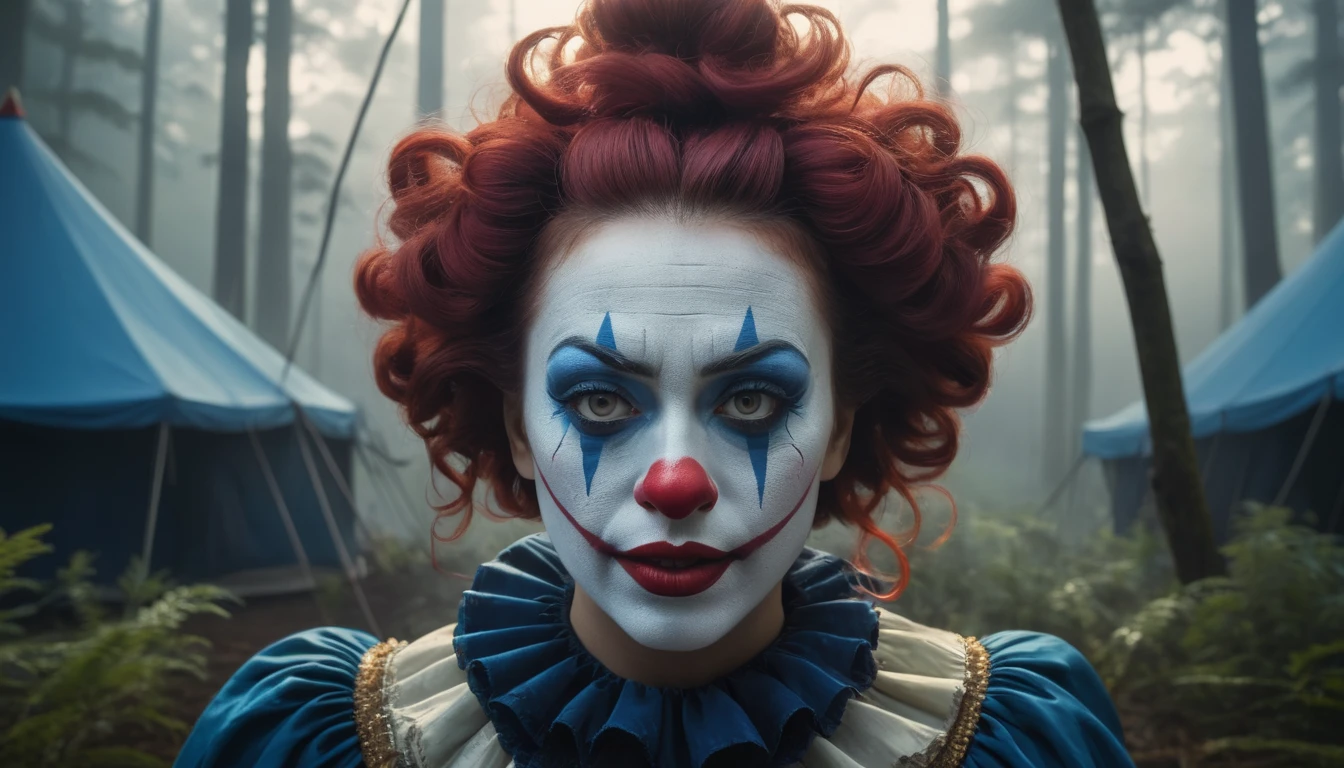 Commercial photography of a beautiful woman clown with mouth opened wide in a pine forest with a circus tent in the background and a camp fire (foggy:1.2), silhouetted in soft shadow, clowns hiding behind trees peaking their heads out to spy on us. (photograph:1.2) , (blue theme) uhd photorealisitc authentic psychotic angry madman wearing ornate clown costume and intricate voodoo makeup, shoulders, intricate details, vivid colors, frightening surroundings, correct details, in the style of amano, karol bak, akira toriyama, and greg rutkowski , perfect composition, beautiful detailed intricate insanely detailed octane render trending on artstation, 8 k artistic photography, photorealistic concept art, soft natural volumetric cinematic perfect light, chiaroscuro, award - winning photograph, masterpiece, oil on canvas, raphael, caravaggio, greg rutkowski, beeple, beksinski, giger, perfect composition, beautiful detailed intricate insanely detailed octane render trending on artstation, 8 k artistic photography, photorealistic concept art, soft natural volumetric cinematic perfect light, chiaroscuro, award - winning photograph, masterpiece, oil on canvas, raphael, caravaggio, greg rutkowski, beeple, beksinski, giger, (beautiful supermodel:1.1) resting her head on her hands detailed background bokeh