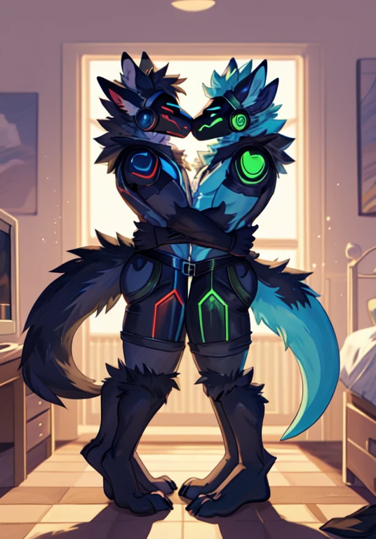 Protogen, (both have white fur with some green strands of fur) , bedroom, happy, male, 8 foot 0, standing, looking at viewer, muscular, (big ass), side view, naked, duo, both protogens are exactly the same, hugging, kissing, holding each others ass, Torn up clothing on floor,