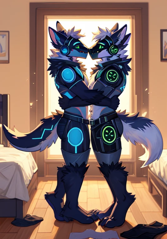 Protogen, (both have white fur with some green strands of fur) , bedroom, happy, male, 8 foot 0, standing, looking at viewer, muscular, (big ass), side view, naked, duo, both protogens are exactly the same, hugging, kissing, holding each others ass, Torn up clothing on floor,