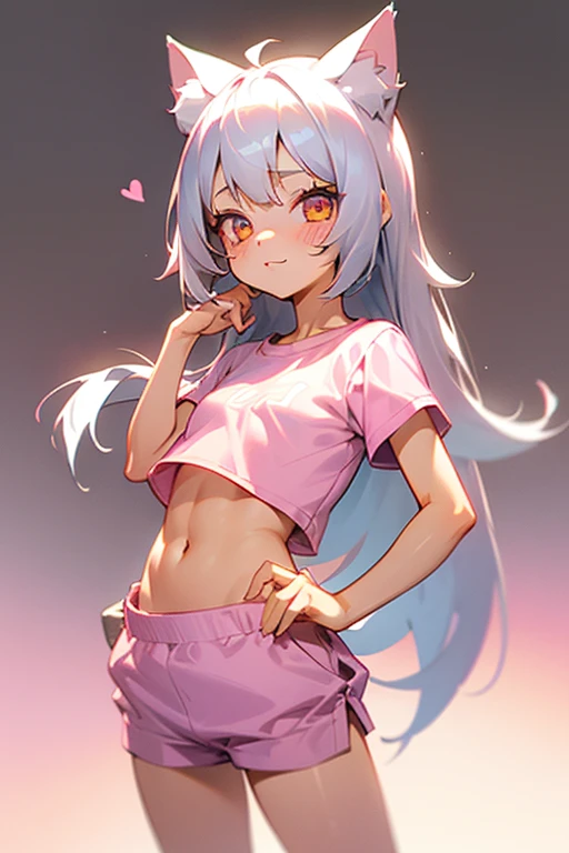 1girl, silver hair, golden eyes with pupils, ((skinny)), ((petite)), small, ((neko)), (cropped solid pastel pink tshirt), long hair, short skirt, (((???))), cat ears, happy, blush, midriff, at school