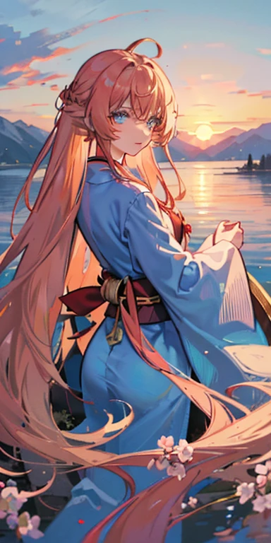 asuna, Masterpiece, Best quality, Hinge, (1girl), Single, Hinge golden eyes, long hair, Acquaintance, Close to the sights, (Hinge kimono), Slight smile, Medium breast,  (Arms behind the back), water, sunset, (Hair decoration), (Sakura blossom),  Snowy mountain lake in the background