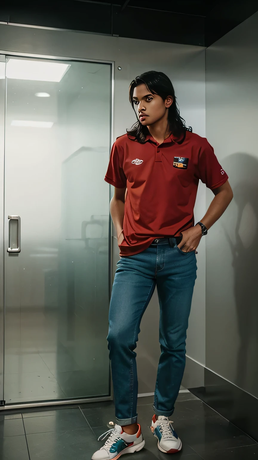 Generate a detailed description of a full-body shot featuring a 162 cm Malaysian man with wavy, medium-length hair. He's wearing a short-sleeve, oversize retro soccer jersey with a retro collar (from any team or country), paired with straight-cut jeans and New Balance 550 shoes. The scene is set inside an elevator and captured using a 35mm film camera, with a 'film look' aesthetic and added grain for a vintage feel.