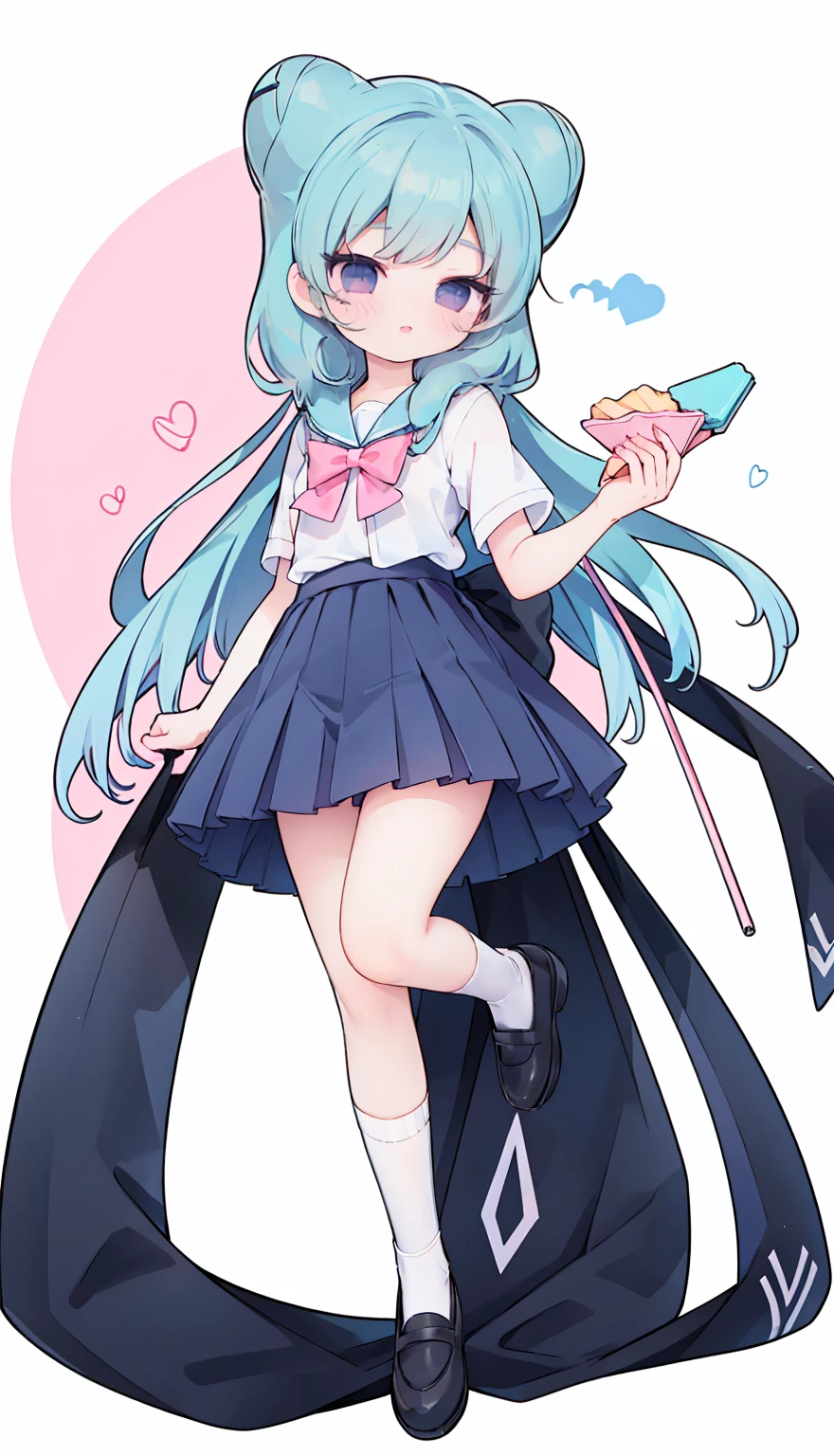masterpiece, best quality, high resolution, aabeta, double, white simple background, standing, slim waist, cute, sailor uniform, pink bow tie, blue skirt, long socks, (PastelColors: 1.3), full body
