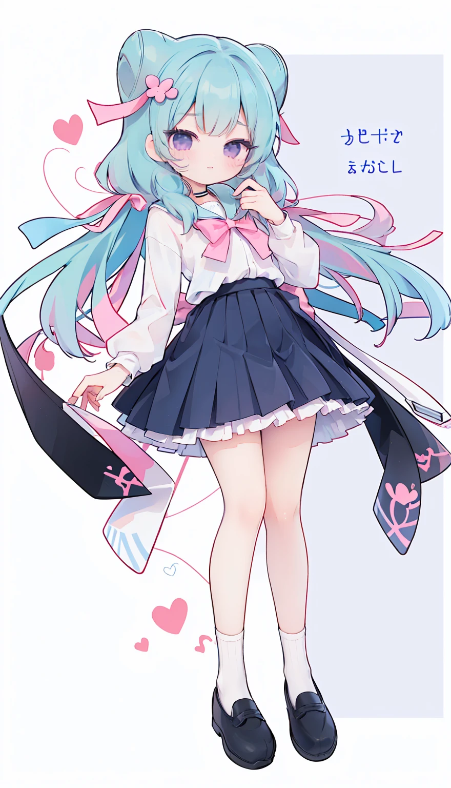 masterpiece, best quality, high resolution, aabeta, double, white simple background, standing, slim waist, cute, sailor uniform, pink bow tie, blue skirt, long socks, (PastelColors: 1.3), full body