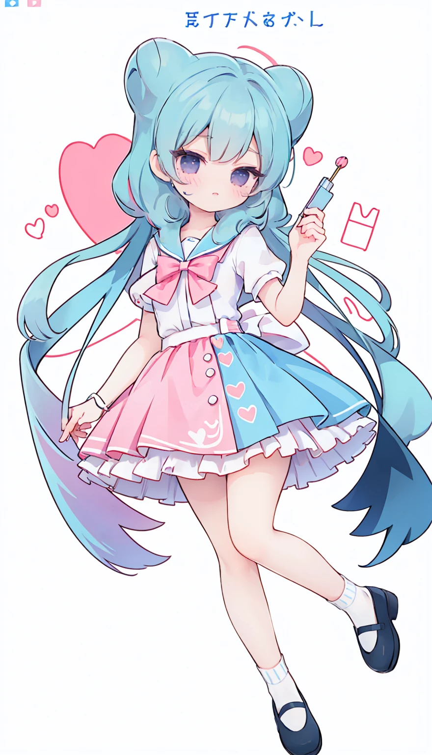 masterpiece, best quality, high resolution, aabeta, double, white simple background, standing, slim waist, cute, sailor uniform, pink bow tie, blue skirt, long socks, (PastelColors: 1.3), full body