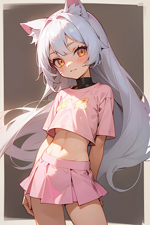 1girl, silver hair, golden eyes with pupils, ((skinny)), ((petite)), small, ((neko)), (cropped solid pastel pink tshirt), long hair, short skirt, (((???))), cat ears, happy, blush, midriff, at school
