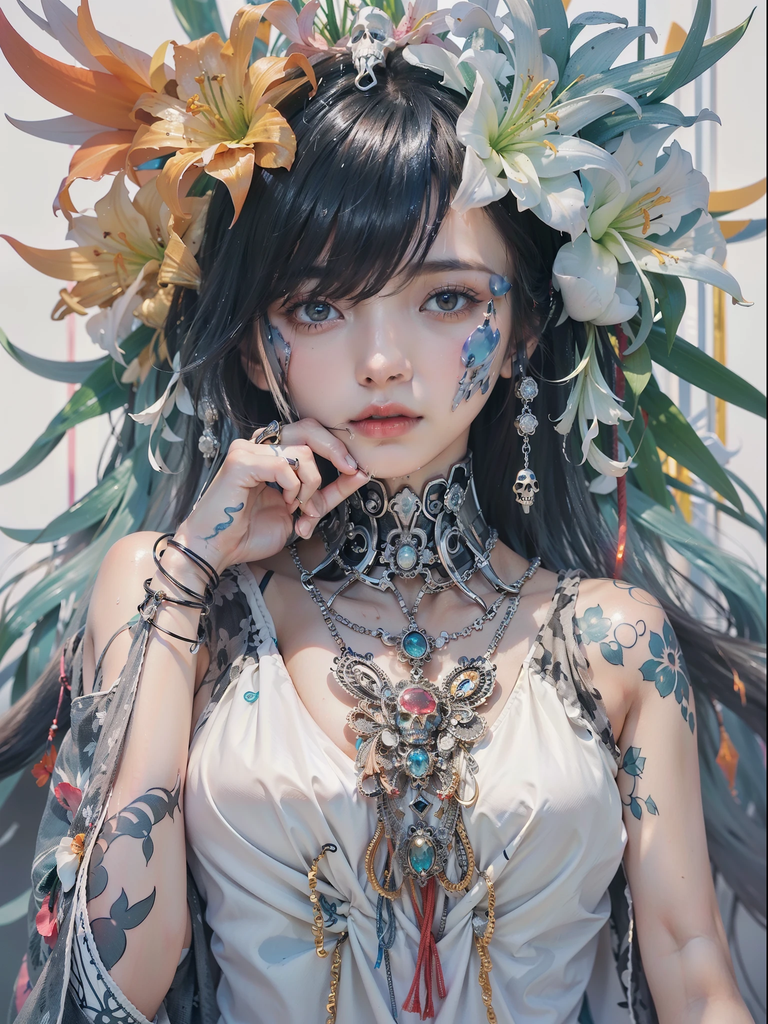 1girl, solo, white_hair, tattoos, grotto, verdant, flowers, beautiful, idyllic, sublime, absurdres, hyper-realism, textured, maximum_detail, dslr