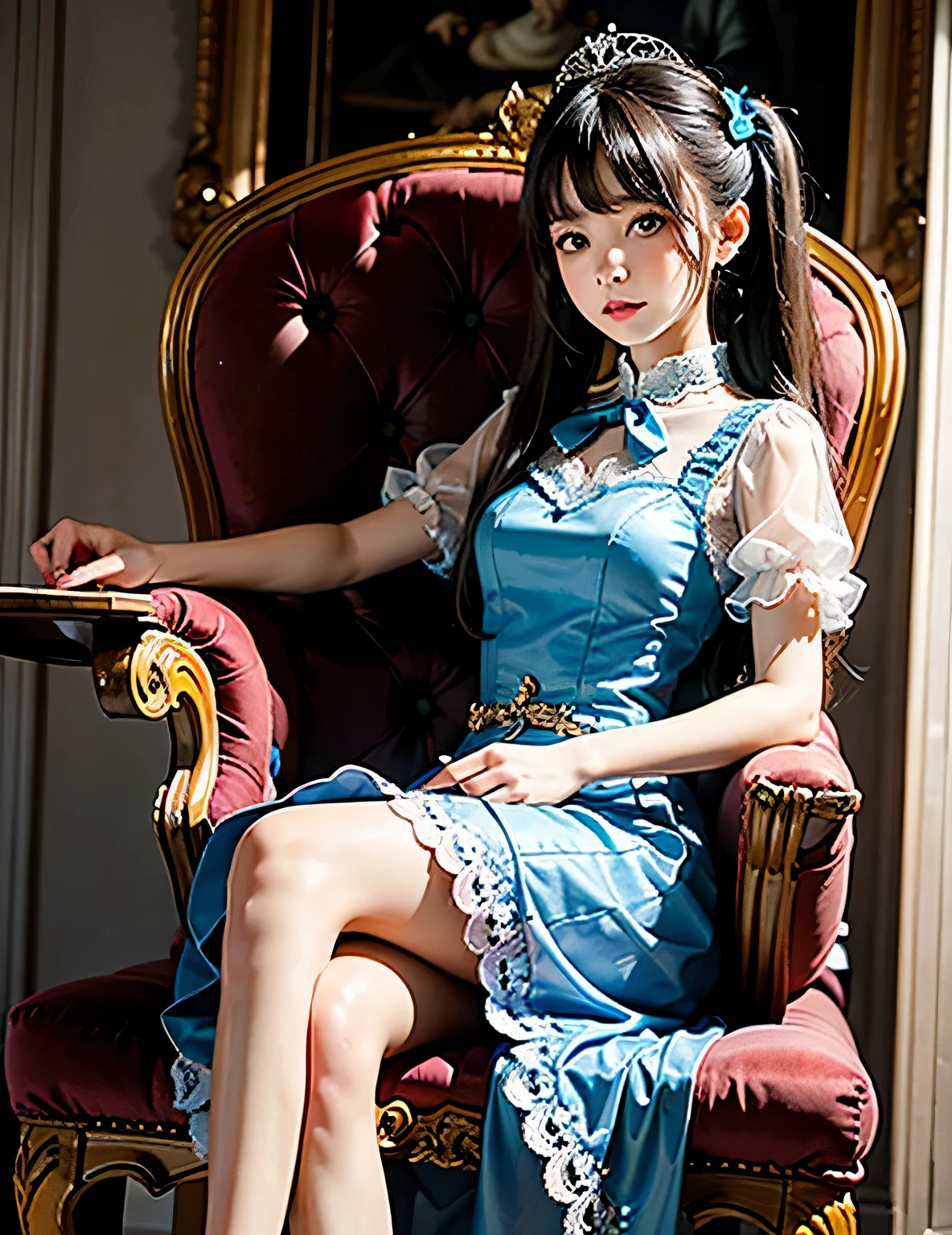 A young lady sitting on an antique chair、1 ,twin tails,brunette colored hair,by bangs,blue long lace dress,blue bow,9 year old female model,Princess,crown,