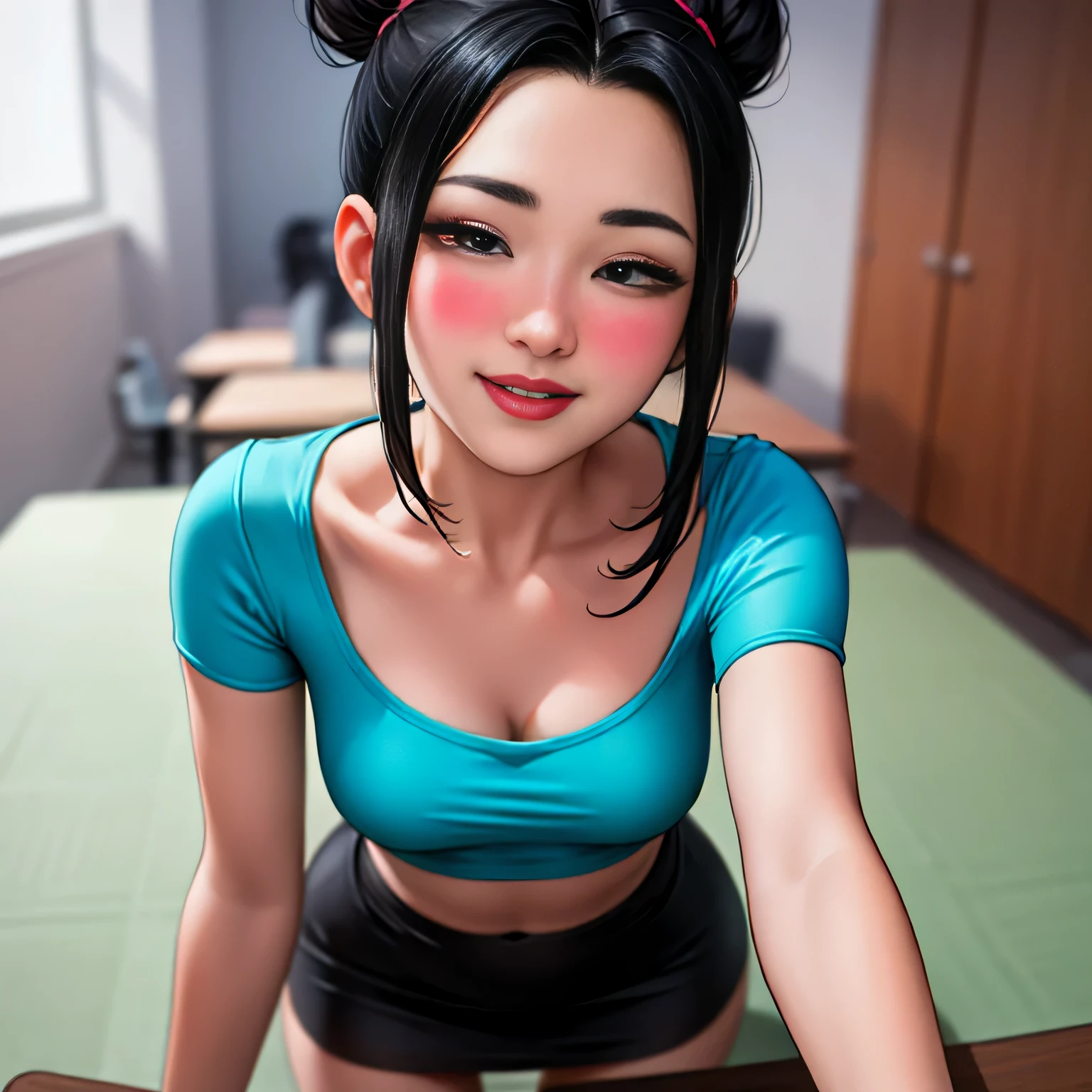 European woman, 30 years old, There is an adult woman in a School gymnasium, SportWears, on stands, On her knees , Sucking A Big Black Skin tone Cock, Big Black Penis, glasses, Dark hair, red lips, Eye shadow, slutty makeup, Pigtails , beautiful chest, big breasts,Second Life Avatar, Beautiful screenshot, Second Life, front view view, bottom view, attractive woman, high quality, highly detailed skin
