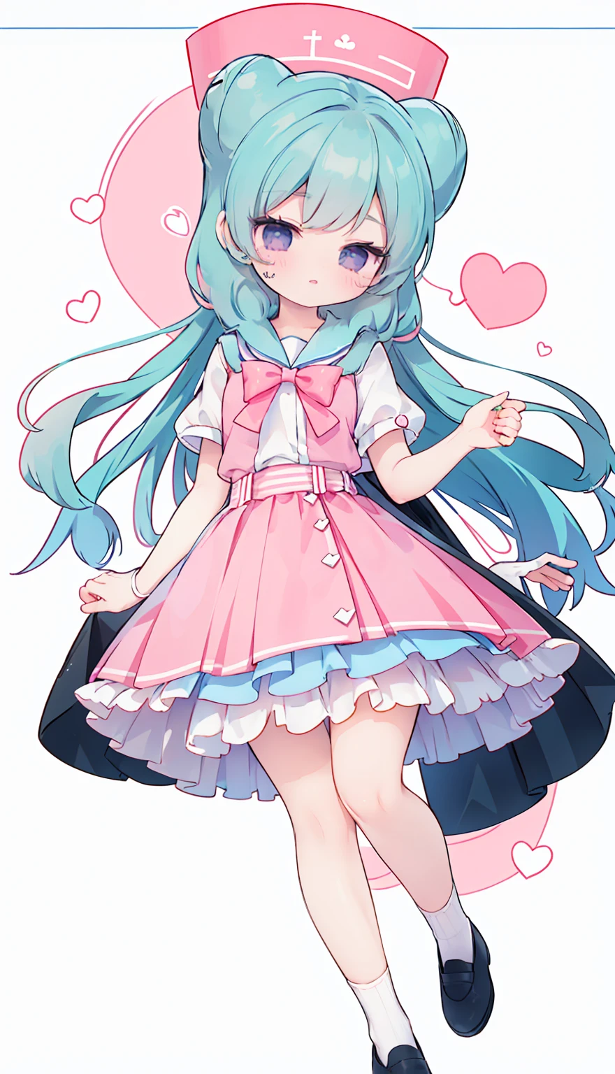 masterpiece, best quality, high resolution, aabeta, double, white simple background, standing, slim waist, cute, sailor uniform, pink bow tie, blue skirt, long socks, (PastelColors: 1.3), full body