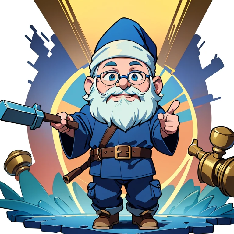 (best quality,4k,8k,highres,masterpiece:1.2), joyful gnome-wizard in blue attire, full body, wearing mechanic glasses, holding a hammer in hand, white background, art style