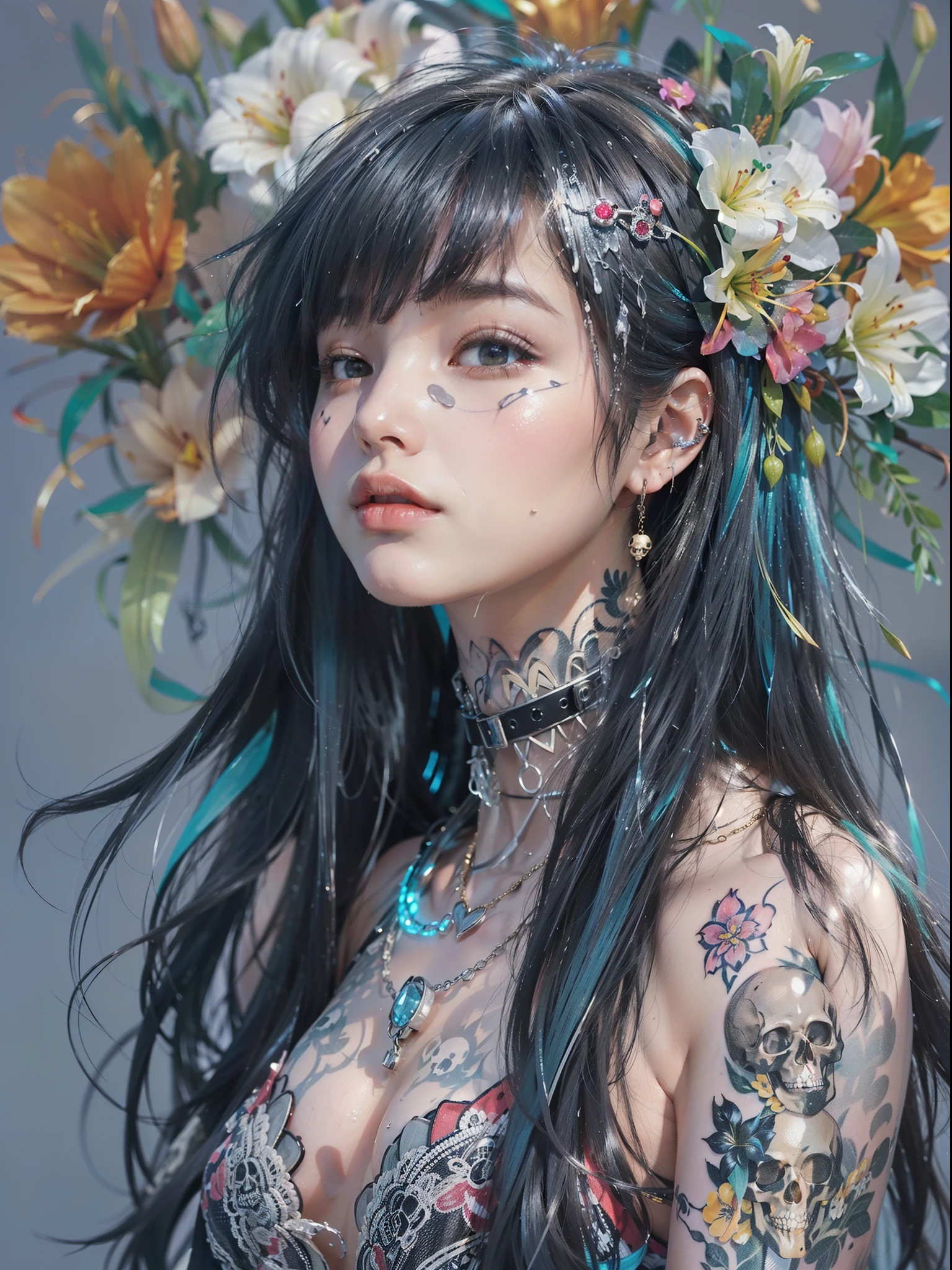 ((One, 1 girl, tattoos, glowing tattoos, brilliant, white-fluffy 16+), (skull, Flowers), (black transparent dress-clothing)), (sexual, erotic)) _((Delicate scarlet lips), (straight black hair - long, basic moments, blue, cascade), (multi-colored brilliant hair), (cool shine, Wet straight hair))_((stylization; clear line, clear outline, high quality line drawing, shading))_((simple color palettes), (color fill, Color saturation, saturation, harmony, balance), (rich pastel colors, Pure colors), (cyberpunk))_((sexual, erotic), (simple, Minimum accessories), (Necklaces and thin rings made of silver or gold.), (simple bracelets, unusual designs, simple silhouettes), (erotic style))_((background),(abstract minimalism), (stunning cybernetic Flowers), ( lilies, extremely unusual, long stems - large stems, skull, Flowers)).