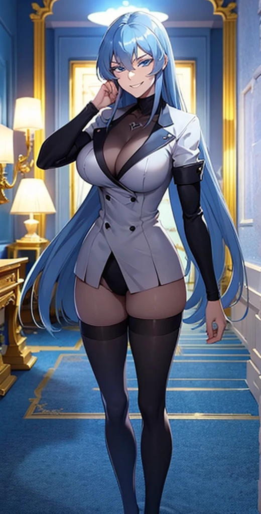 1 girl with long blue hair, blue eyes, blue eyelashes, black suit, big breasts, smiling, in a golden luxurious mansion, standing, night style