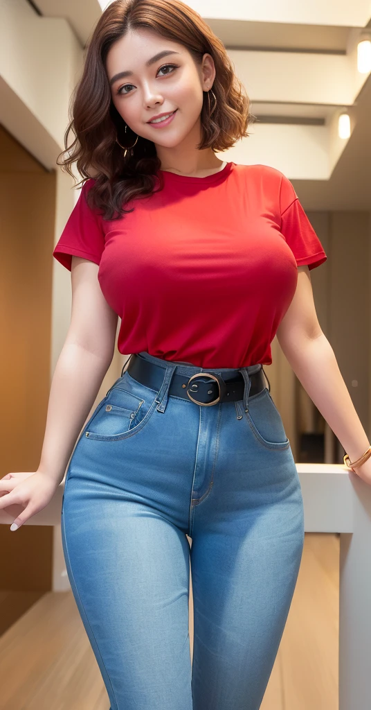 top-quality))、((masterpiece)、Face Real、Hair short、25 year old girl、Short-wavy hair、View from below the skyscrapers、(Opaque red t-shirt)、(Low-rise denim pants)Wearing。sexly、Breasts enlarged、Smile、Sexy Posing, with huge black wide long belt