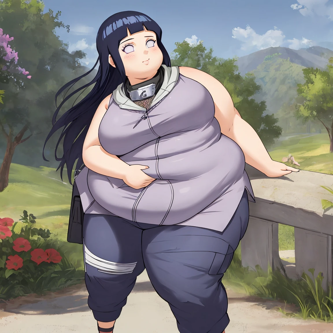 Masterpiece, 4k, highres, high Quality, detailed face, detailed body render, detalhed eyes, 1girl, solo, chubby hyuuga hinata, hinata-sleeveless-outfit, large breasts, neko ears in head, big breast, sleeveless shirt, fishnet top, thick thighs, fat arms, big butt, big cheeks, cute and fat face