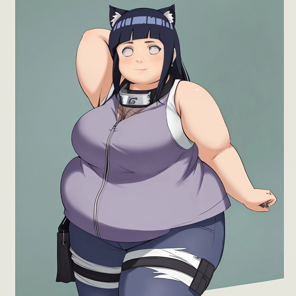 Masterpiece, 4k, highres, high Quality, detailed face, detailed body render, detalhed eyes, 1girl, solo, chubby hyuuga hinata, hinata-sleeveless-outfit, large breasts, neko ears in head, big breast, sleeveless shirt, fishnet top, thick thighs, fat arms, big butt, big cheeks, cute and fat face
