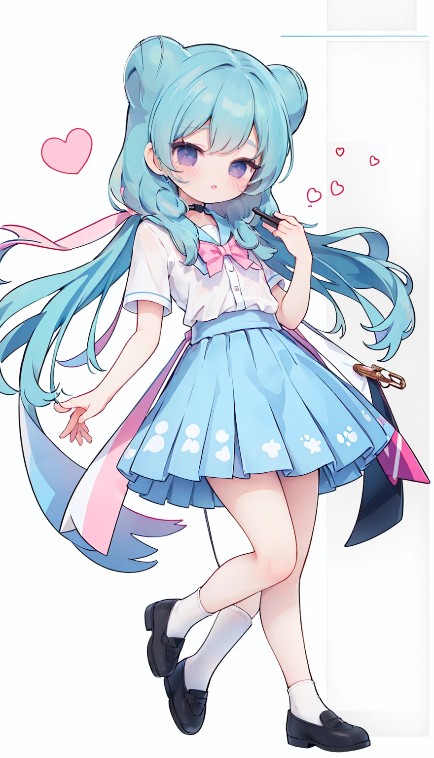 masterpiece, best quality, high resolution, aabeta, double, white simple background, standing, slim waist, cute, sailor uniform, pink bow tie, blue skirt, long socks, (PastelColors: 1.3), full body