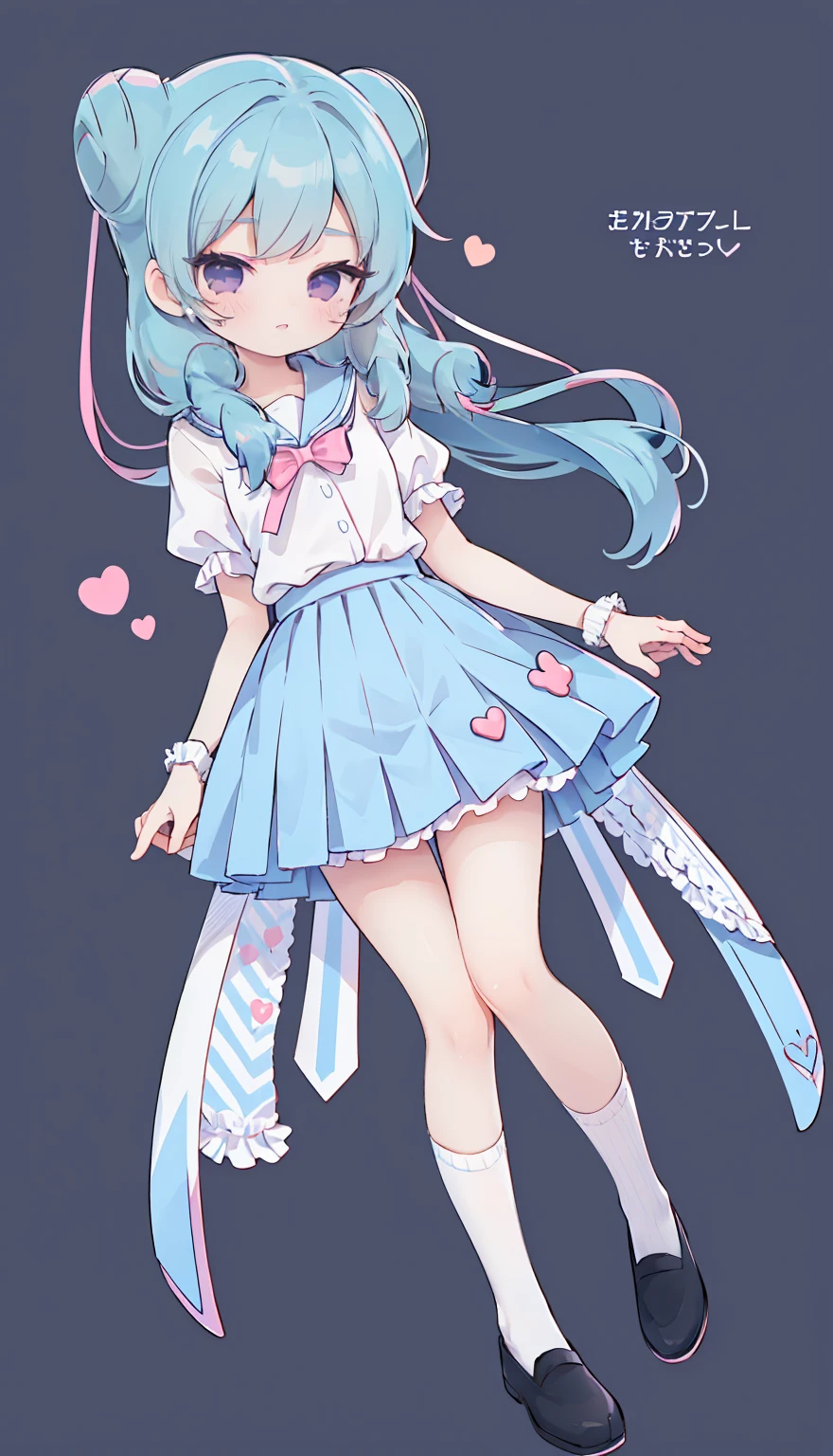 masterpiece, best quality, high resolution, aabeta, double, white simple background, standing, slim waist, cute, sailor uniform, pink bow tie, blue skirt, long socks, (PastelColors: 1.3), full body