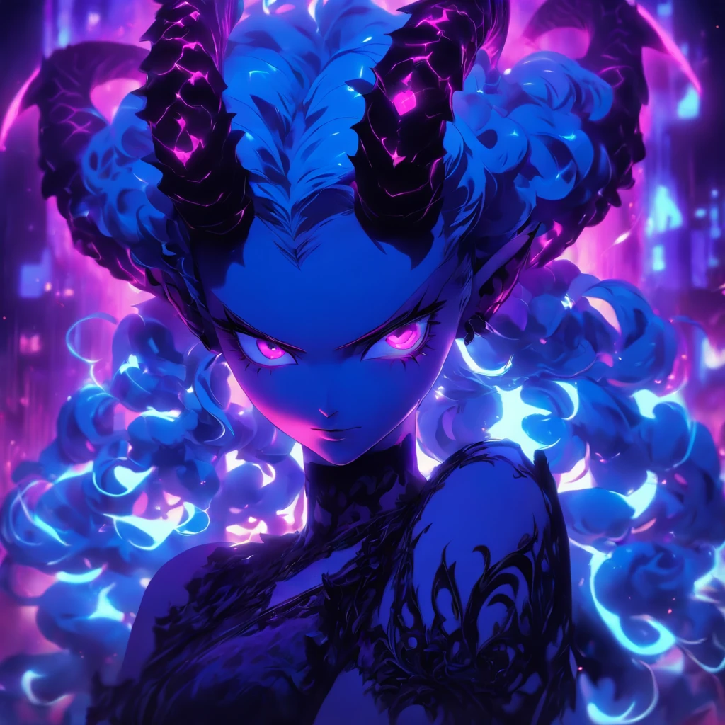 Anime style, angelic demon female, purple skin, black curled horns, blue eyes glowing, gothic attire, darkened twisted theme, full body, 3D Image