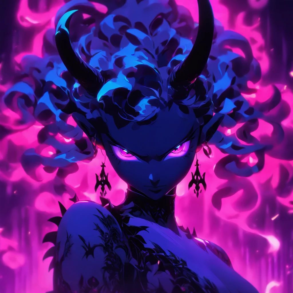 Anime style, angelic demon female, purple skin, black curled horns, blue eyes glowing, gothic attire, darkened twisted theme, full body, 3D Image 