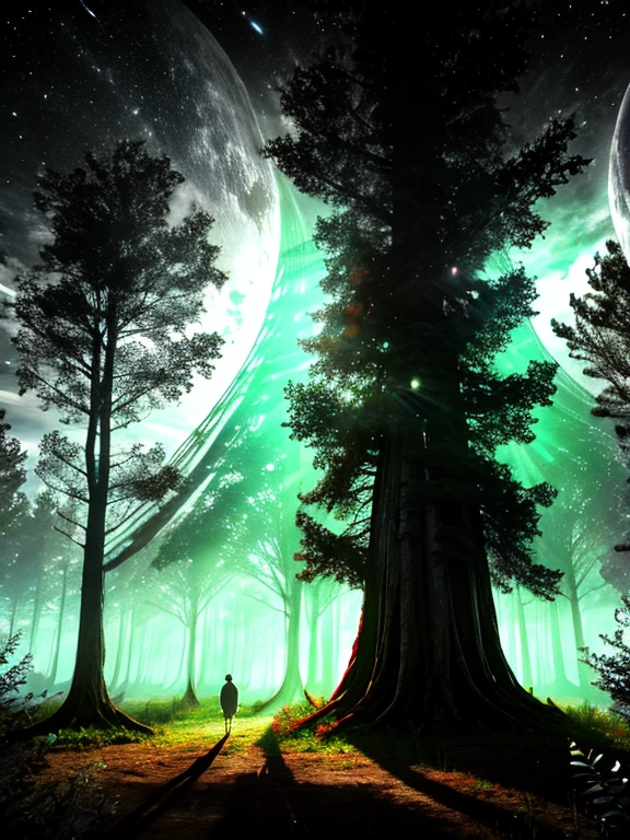 A mysterious forest with giant trees and magical creatures hiding among the branches, 8k, High quality