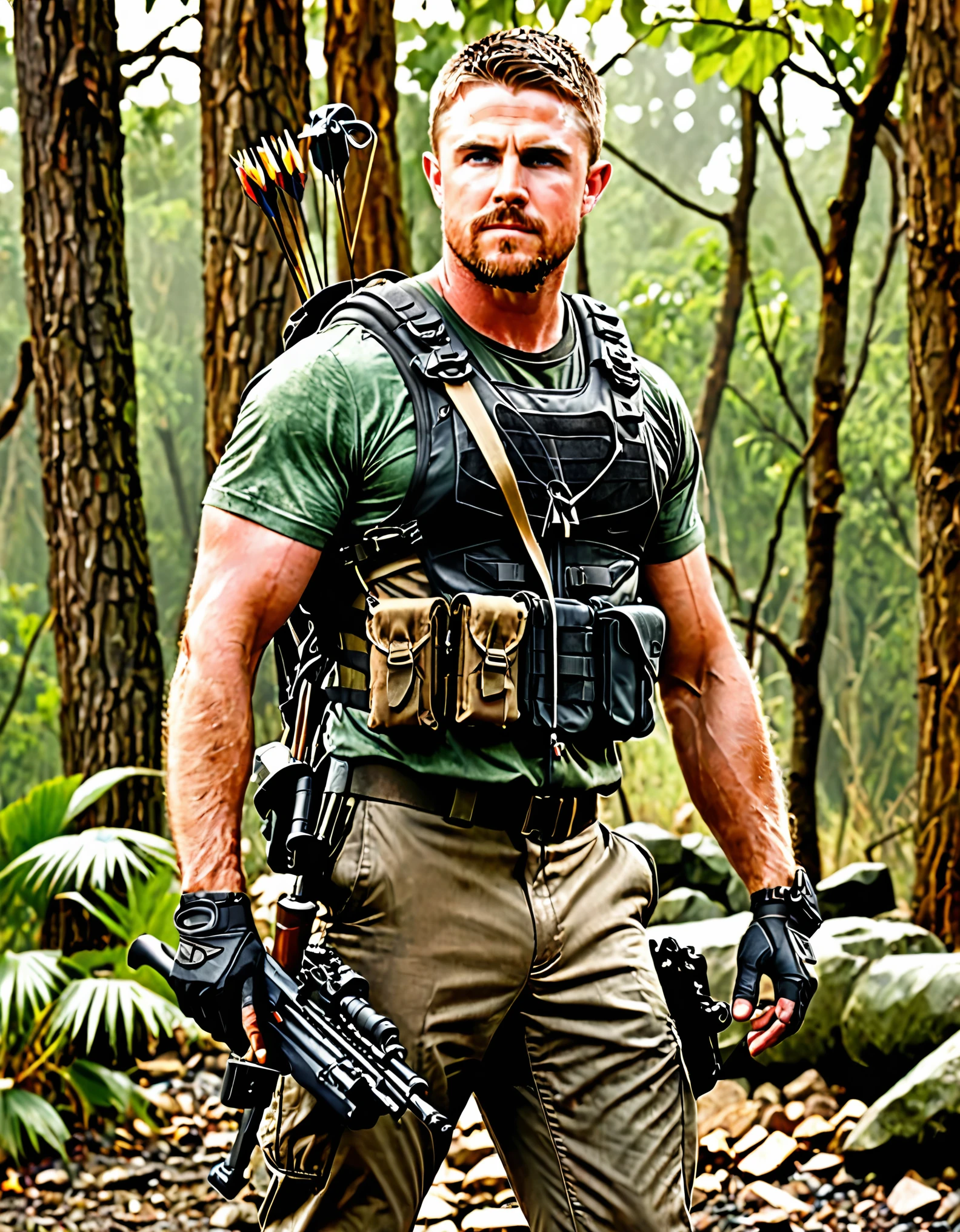 boots, canadian male, full body, bow, compound bow, standing, weapon, holding weapon, bow \(weapon\), arrow \(projectile\), holding arrow, drawing bow, knee pads, male focus, military, military uniform, pouch, reddish-brown hair, facial hair, solo, standing, assault vest, drop-down pistol holster, jungle background, battle, tanks, explosions, gritty war-torn atmosphere, black ops, stephen amell