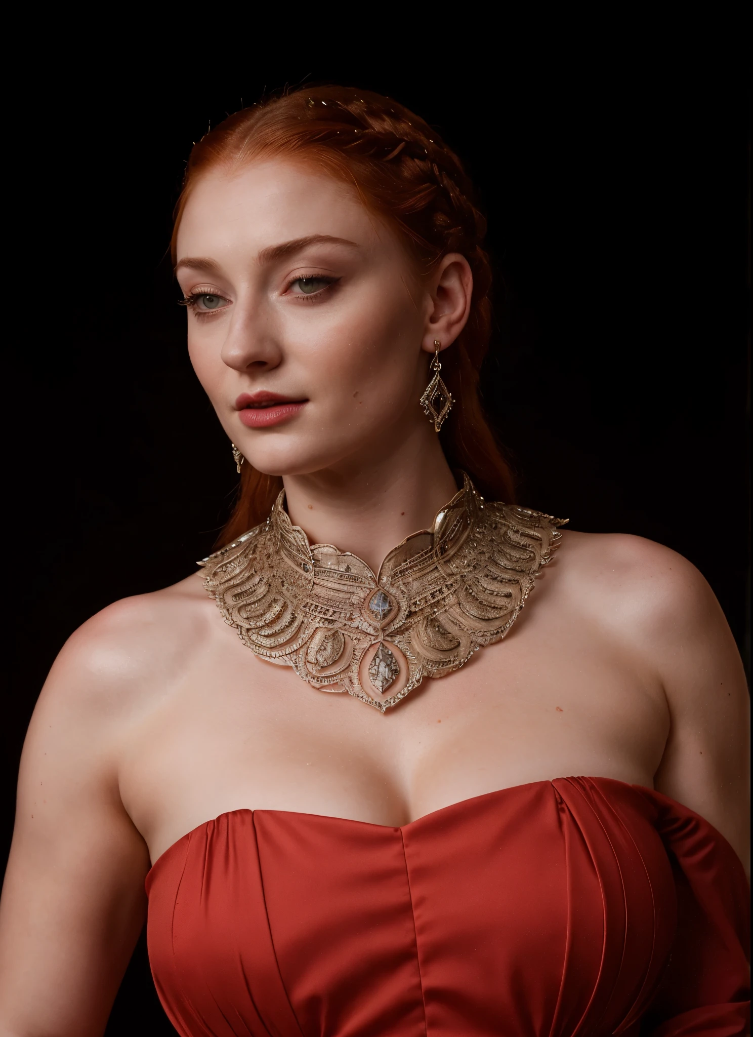 Face of Sophie Turner, Sansa Stark played by Sophie Turner, the de facto Lady of the Eyrie, is a 40-year-old mature queen with a stunning, alluring appearance. Full Face, pierced eyes, reddish lips, upper body shot, erotic Mediaeval costumes, game of thrones costumes, She wears a Game of Thrones-inspired costume and has a deep cleavage, a perfect thick body, and a perfect thick figure. The photograph captures her in a close-up, with her skin texture and facial features being ultra-realistic and realistic. Juicy thick figure, high quality skin, Skin pores, amazing details, 