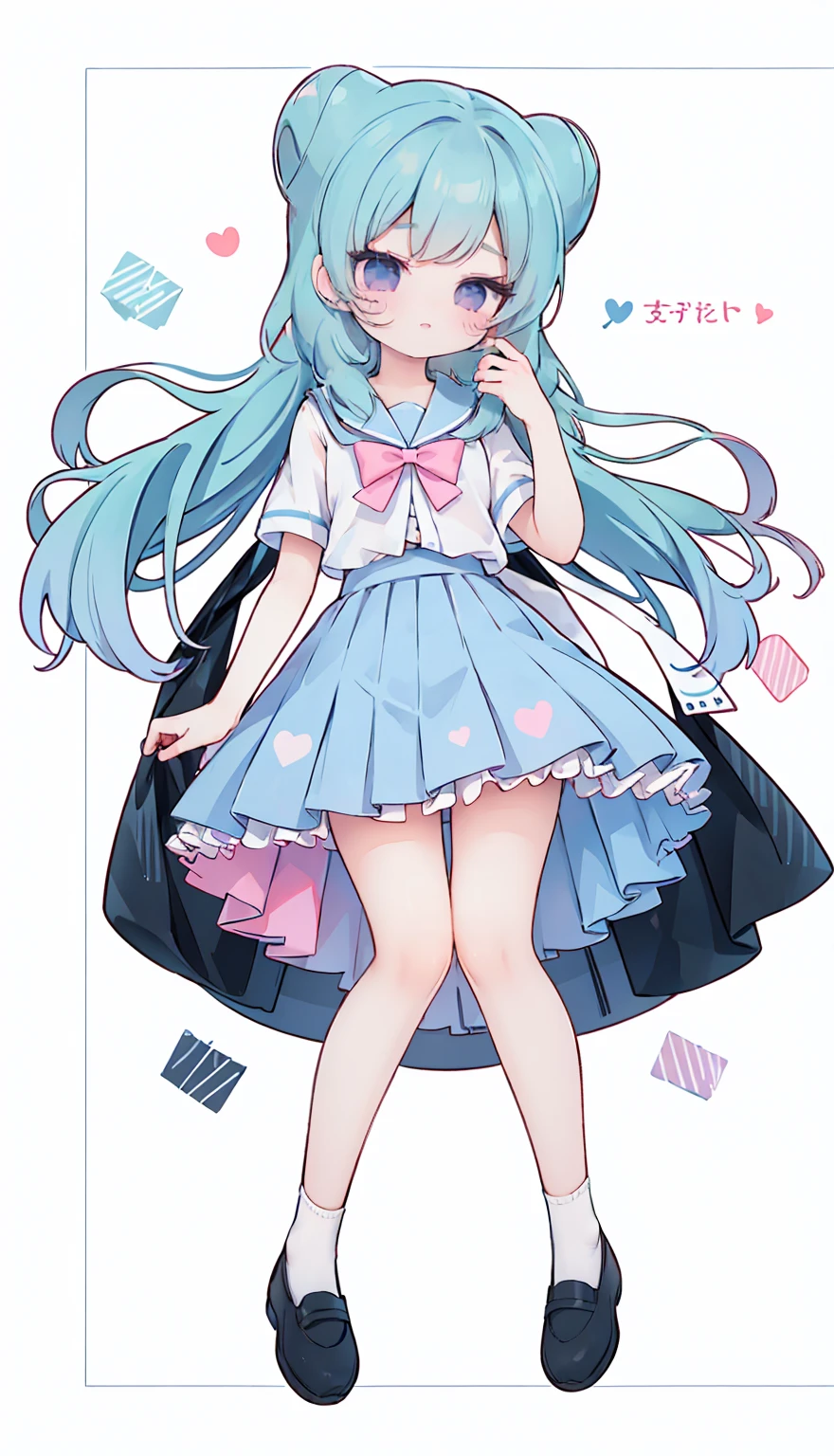 masterpiece, best quality, high resolution, aabeta, double, white simple background, standing, slim waist, cute, sailor uniform, pink bow tie, blue skirt, long socks, (PastelColors: 1.3), full body
