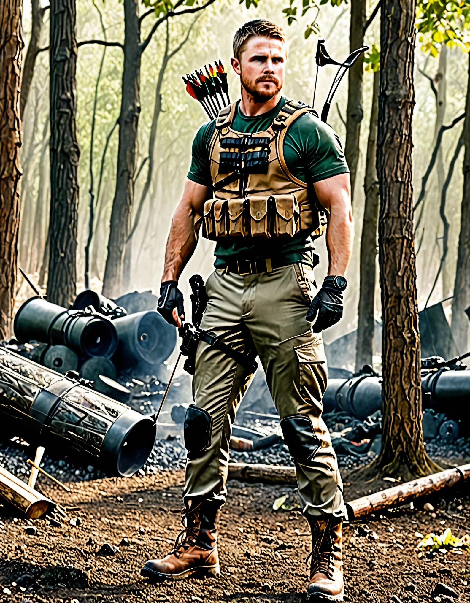 boots, canadian male, full body, bow, compound bow, standing, weapon, ((holding weapon, bow \(weapon\), arrow \(projectile\), holding arrow, drawing bow, archery)), knee pads, male focus, military, military uniform, pouch, reddish-brown hair, facial hair, solo, standing, assault vest, drop-down pistol holster, jungle background, battle, tanks, explosions, gritty war-torn atmosphere, black ops, stephen amell