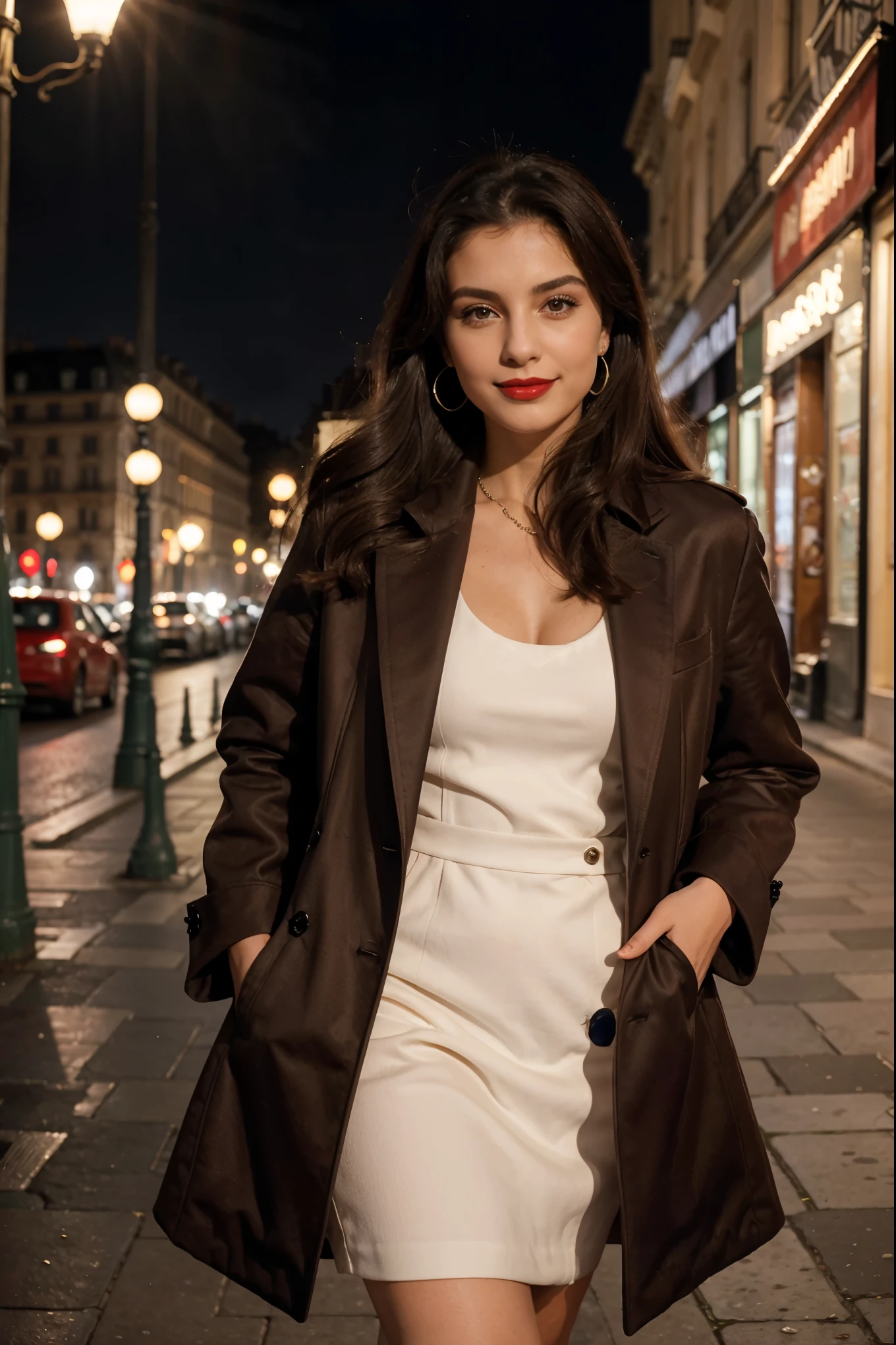 Italian girl 25 years old, beautiful, wonderful, walk in the center of Paris, 1 girl, real, very high resolution, 8k, elegant coat, luxury, Champs-Élysées, pearl earrings, elegant, red lipstick, light smile, night