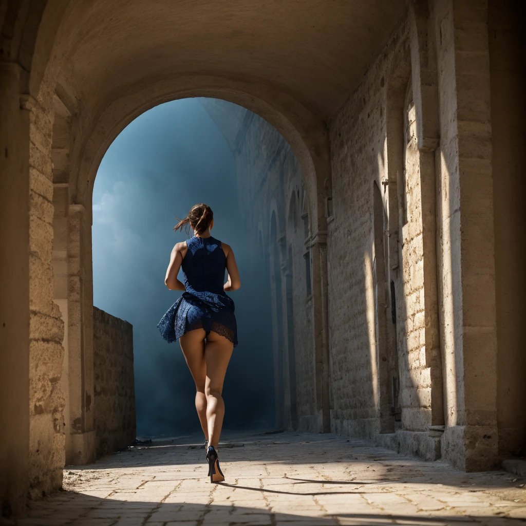 (1woman, full body), a woman is running, woman escapes, (solo woman:1.3), lady wearing a long lacy torn electric blue dress, wind rises her long skirt showing perfect buttocks. she turns her Beautiful face to the viewer, handbag in her hand, realistic hands, high-heels. She runs down Matera streets. sassi_di_matera, tuff walls. City landscape. She escapes from fire and smoke, Beautiful perfect worried face. Closed eyes, cying, slightly open mouth, smooth skin, real pores, (windyupskirt), back view, (woman is running:1.5), best quality, fine details, {{masterpiece, best quality, extremely detailed CG, unity 8k wallpaper, cinematic lighting, lens flare}}. ((extreme detail)), (ultra-detailed), best quality, ultra high res, (8k, RAW photo, masterpiece, realistic, photorealistic:1.4), 8k uhd, dslr, absurdres, ray tracing, high quality texture, intricate details, detailed texture, finely detailed. Dramatic dark lights, night illumination, skirtlift, she is alone in terrific place, fear, low angle
