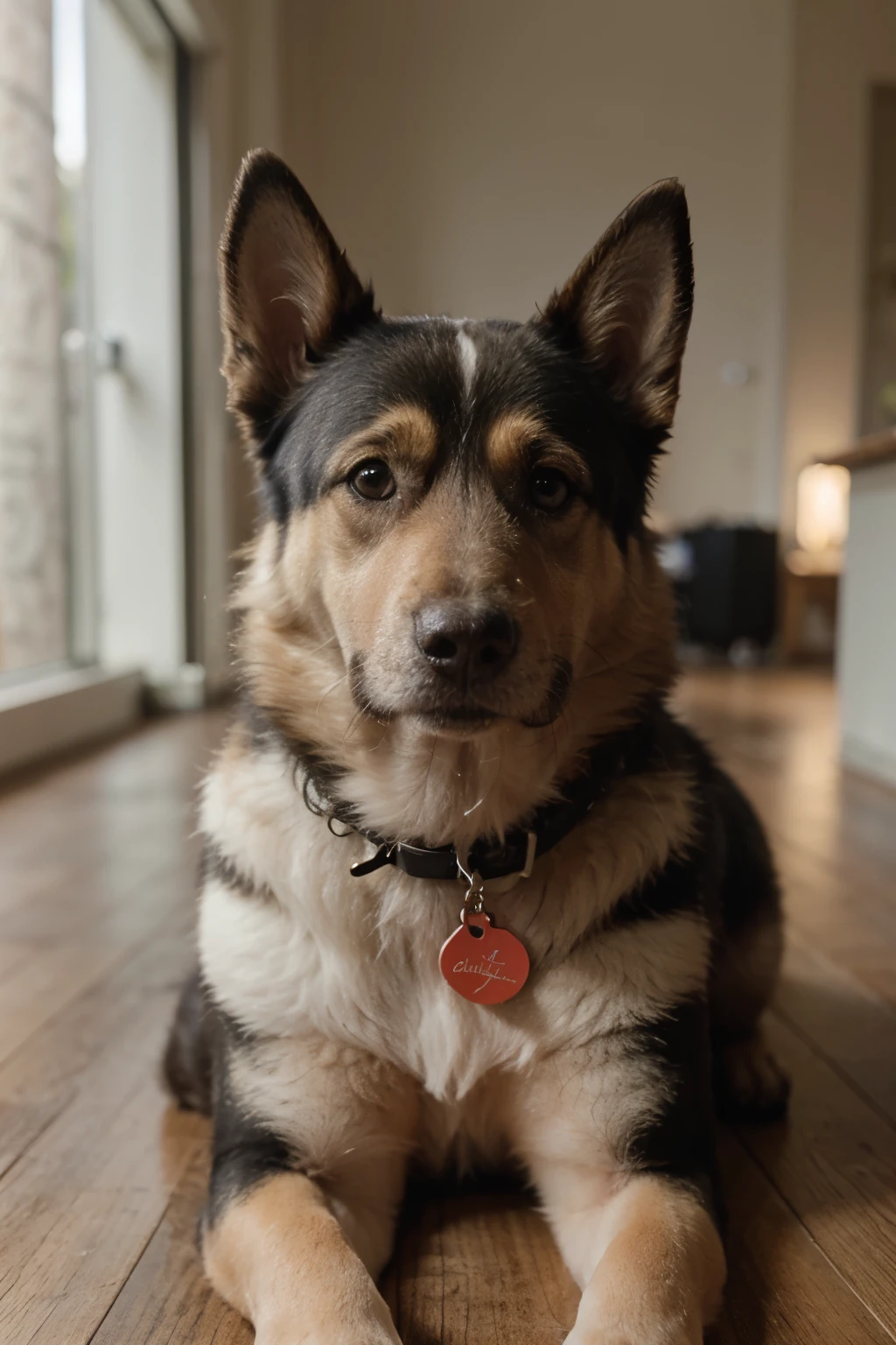 ((Mejor calidad)), ((obra maestra)), (detallado), perfect face German shepherd dog that has no tail and has a tag on its neck that says Balú