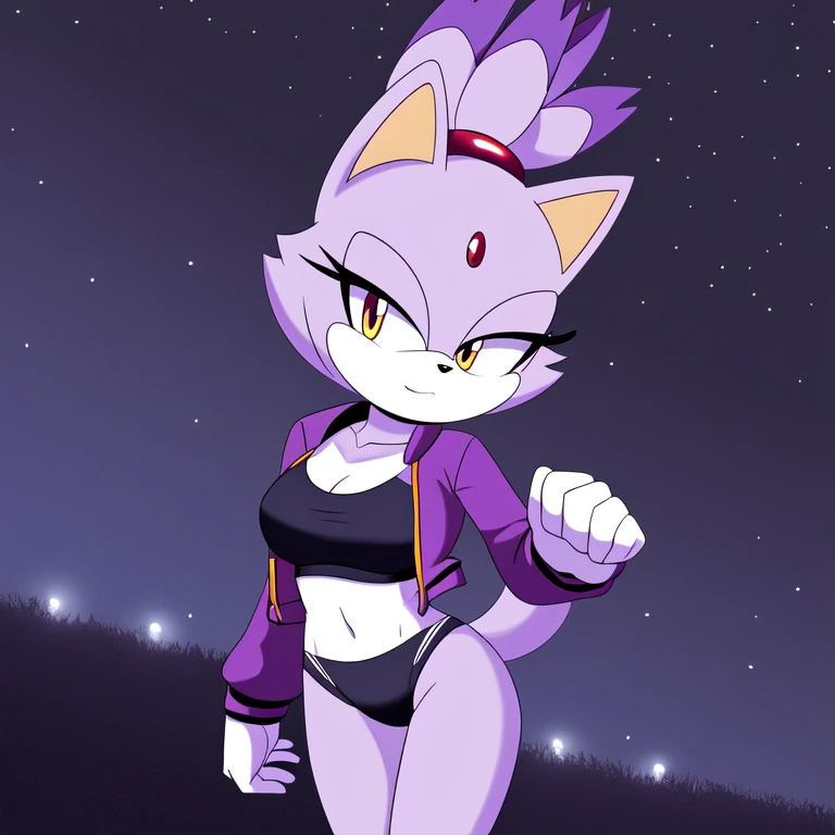(( blaze they cat ))  (1 girl), medium breast bikini, track jacket (at night, darkness, no light:1.4)