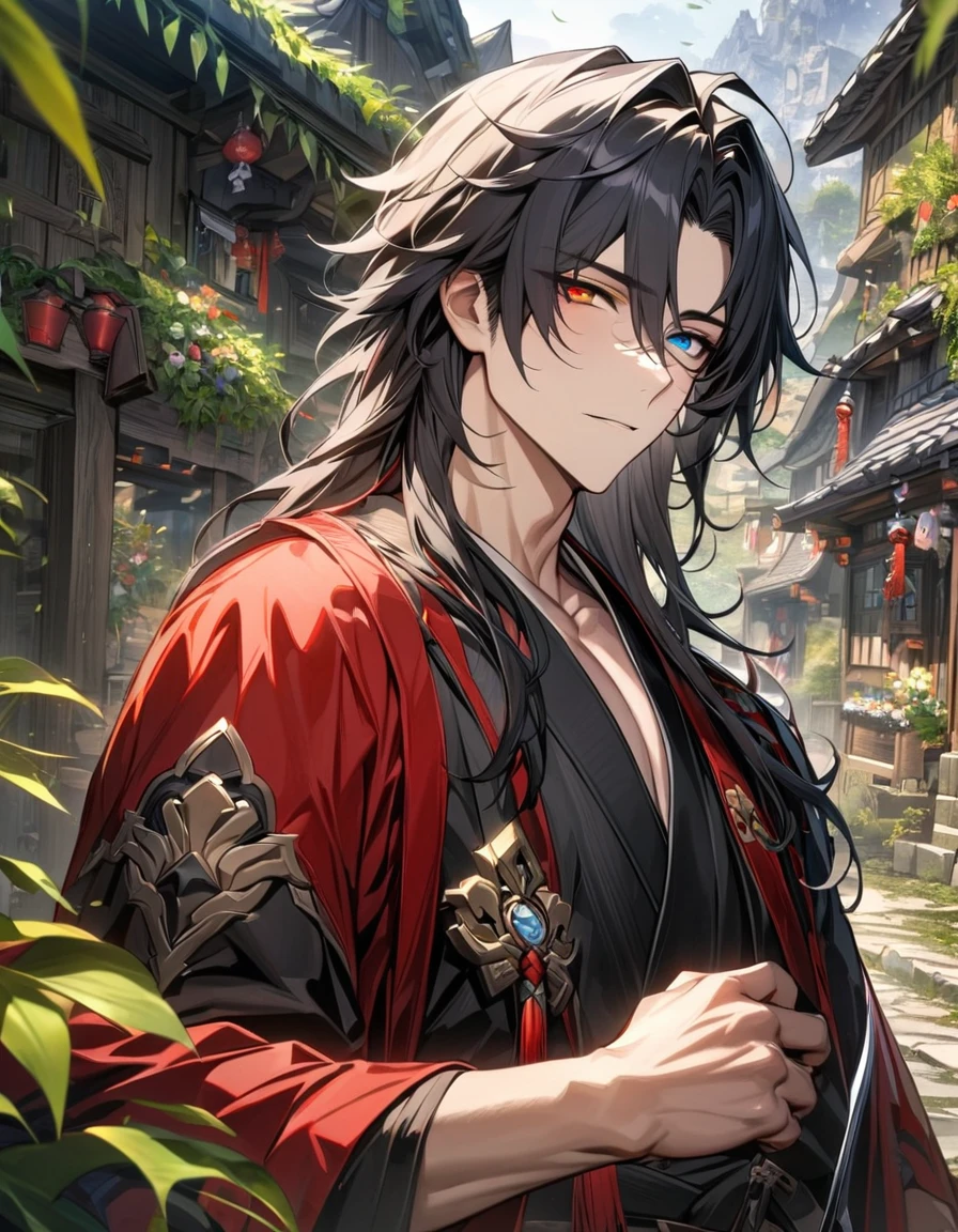 absurdres, highres, ultra detailed, HDR, master piece, best quality, Blade, black long hair, heterochromia, left red eye, right golden eye, solo, 1 adult man, extremely handsome, black kimono, red haori, Honkai star rail, extremely detailed face and eyes, village, green leaves, flowers 