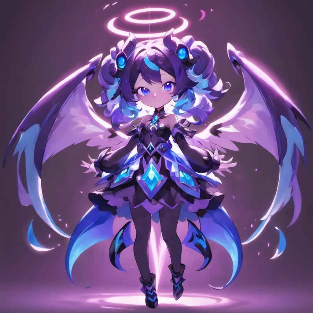 Anime style, angelic demon female, purple skin, black curled horns, blue eyes glowing, gothic attire, darkened twisted theme, full body, 3D Image 