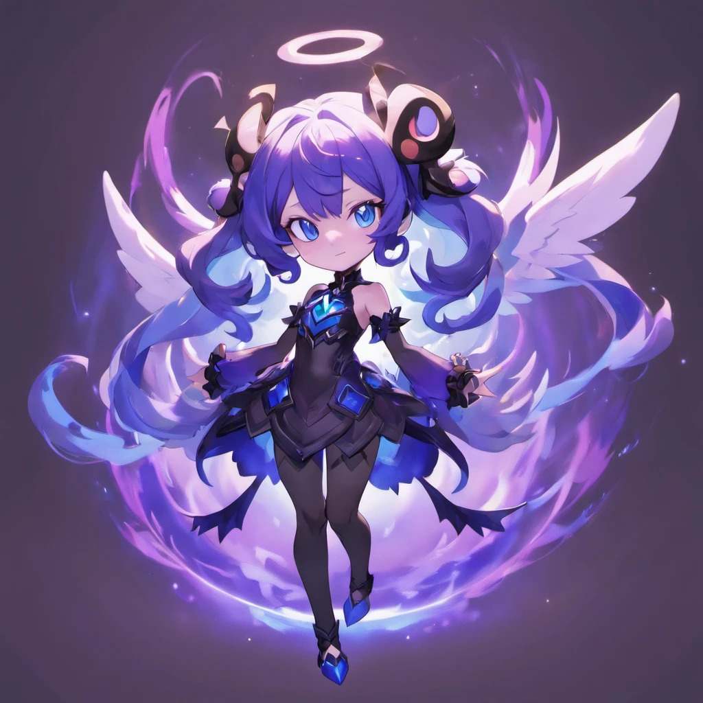 Anime style, angelic demon female, purple skin, black curled horns, blue eyes glowing, gothic attire, darkened twisted theme, full body, 3D Image 