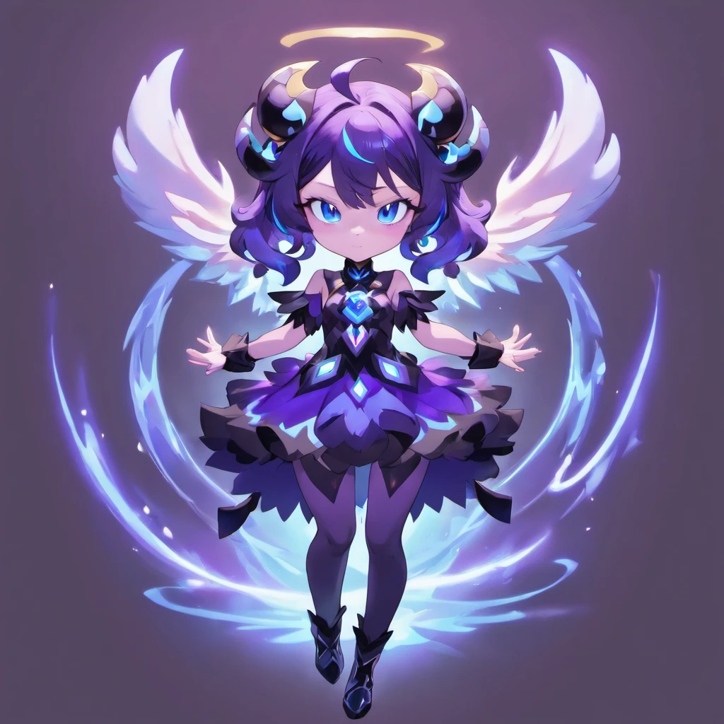 Anime style, angelic demon female, purple skin, black curled horns, blue eyes glowing, gothic attire, darkened twisted theme, full body, 3D Image 