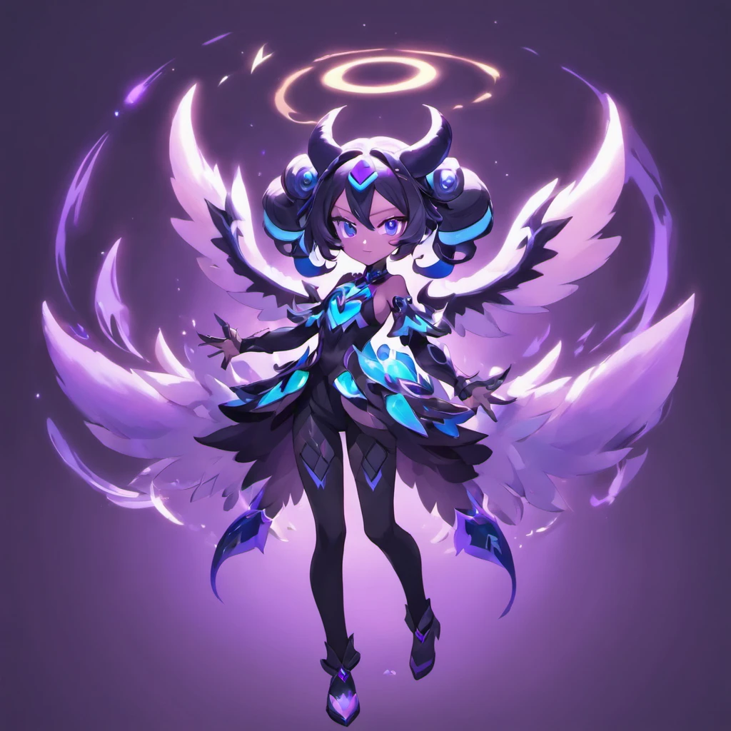 Anime style, angelic demon female, purple skin, black curled horns, blue eyes glowing, gothic attire, darkened twisted theme, full body, 3D Image