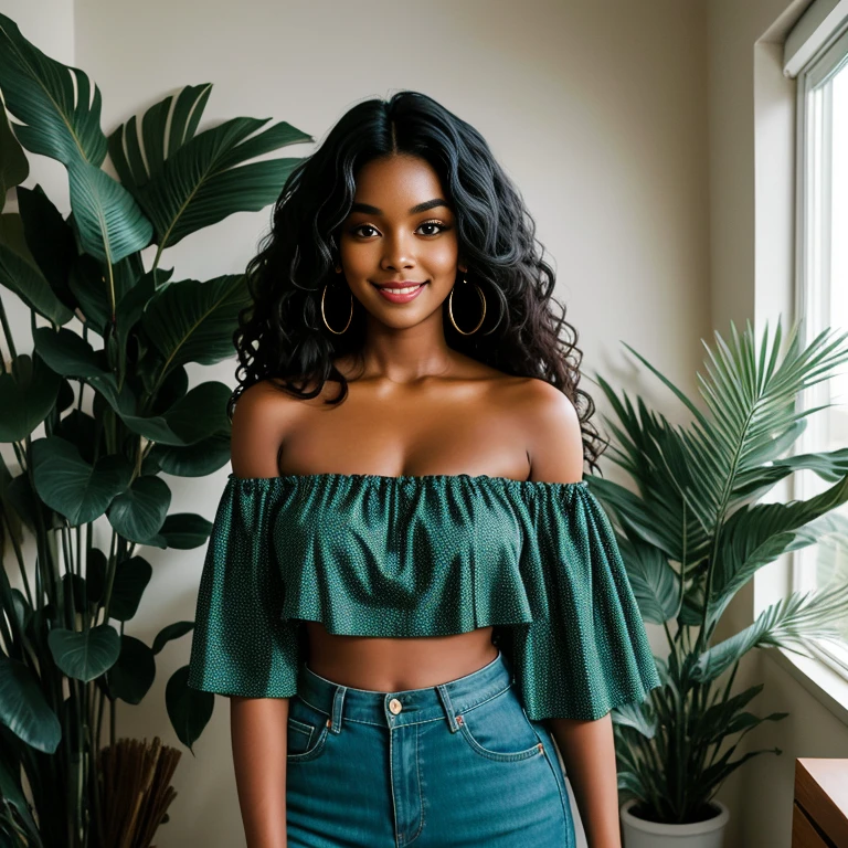 Very long wavy voluminous black hair,  black woman, medium brown skin tone, closed smile, decor, huge living room,broom full of plants, printed teal off shoulder crop top, from a distance