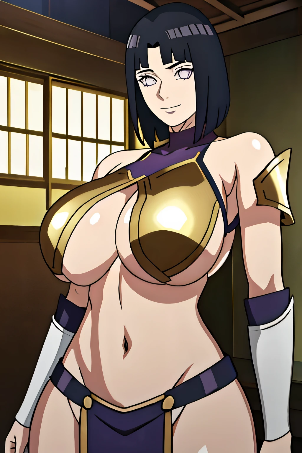 masterpiece, absurdres, hinata\(boruto\), 1girl, solo,mature female, (Wearing shiny gold armor: 1.4), (Saint Seiya Armor: 1.4), perfect composition, detailed lips, gigantic breast, beautiful face, body propotion, short hair, purple eyes, soft gaze, super realistic, detailed, photoshoot, realistic face and body, (underboob : 1.4), , (gigantic breasts: 1.1), curvy, cowboy shot, bare shoulders, seductive smile, inside, nightclub