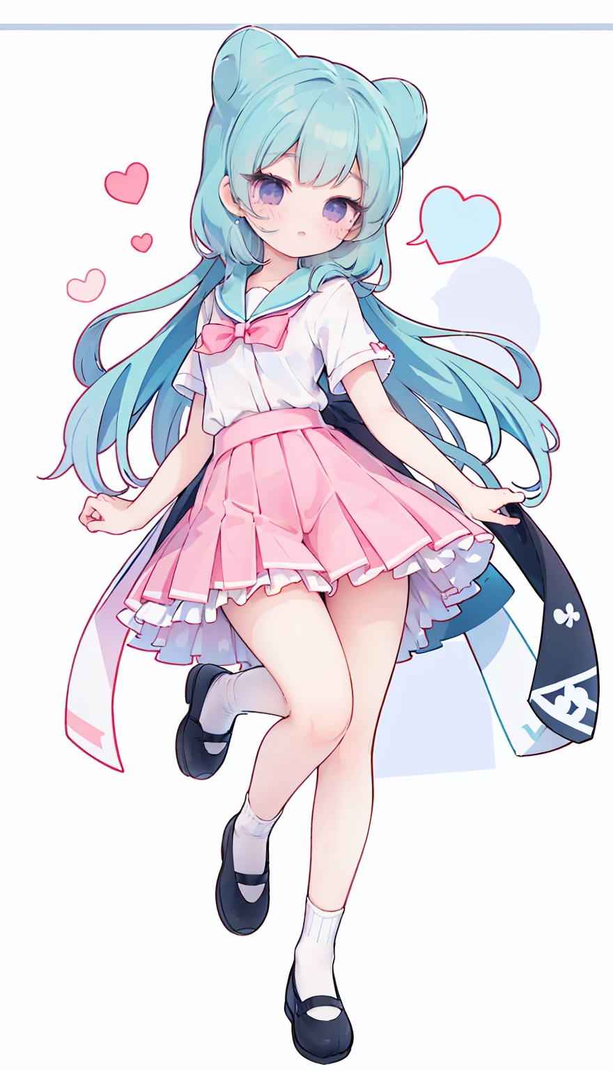 masterpiece, best quality, high resolution, aabeta, double, white simple background, standing, slim waist, cute, sailor uniform, pink bow tie, blue skirt, long socks, (PastelColors: 1.3), full body