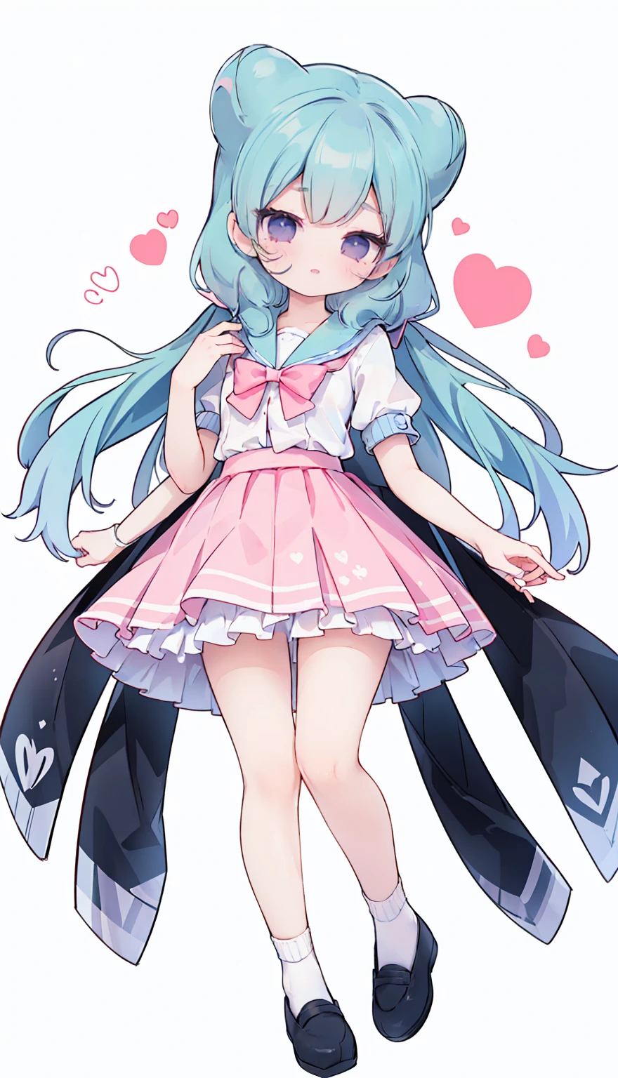 masterpiece, best quality, high resolution, aabeta, double, white simple background, standing, slim waist, cute, sailor uniform, pink bow tie, blue skirt, long socks, (PastelColors: 1.3), full body