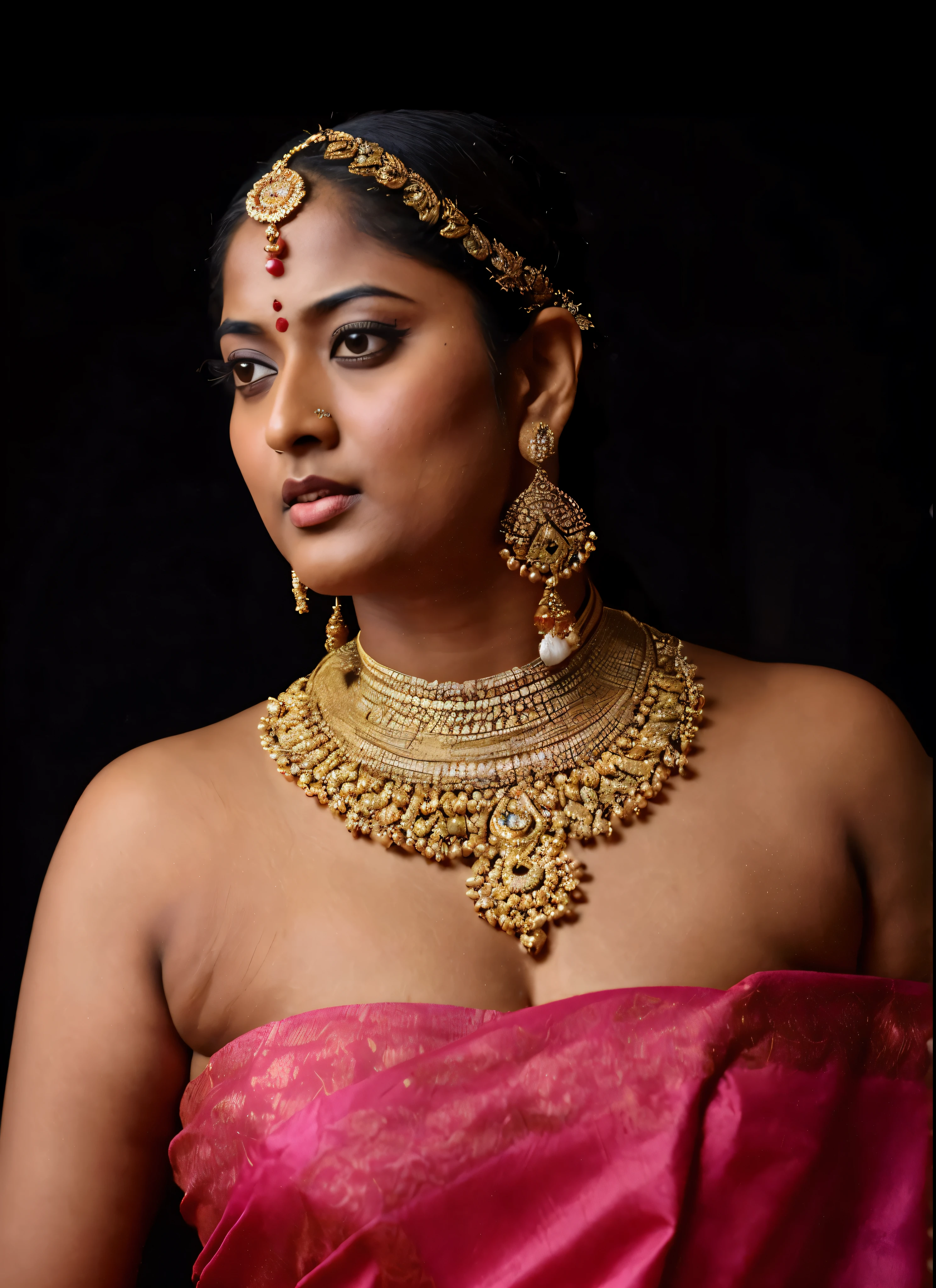 arafed woman in a pink sari, looks like Sandeepa Dhar, thick figure, curvy, traditional beauty, hindu aesthetic, assamese aesthetic, traditional makeup, indian goddess, indian girl with brown skin, wearing bihu dress mekhela sador, indian style, indian, gorgeous woman, south east asian with round face, a stunning portrait of a goddess, beautiful himalayan woman