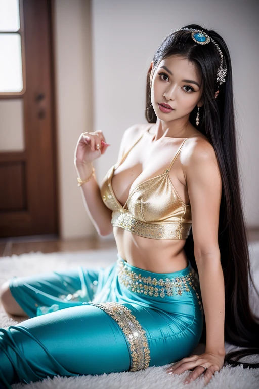 Fashion model 25 years old [[[[ cleavage]]]], [[[[boobgasm]]]], [[[[coll]]]], [[[[bshoulders]]]], perfect  eyes, Perfect iris，perfect lips，perfect teeth，Perfect skin，Long face，Lie down，long  hair ，，（pastel colour：1.2）  , showing breasts , waist up pose , pose 1.4 to camera , various shot angle , detail  attire,  blue sexy classy belly dancer dress