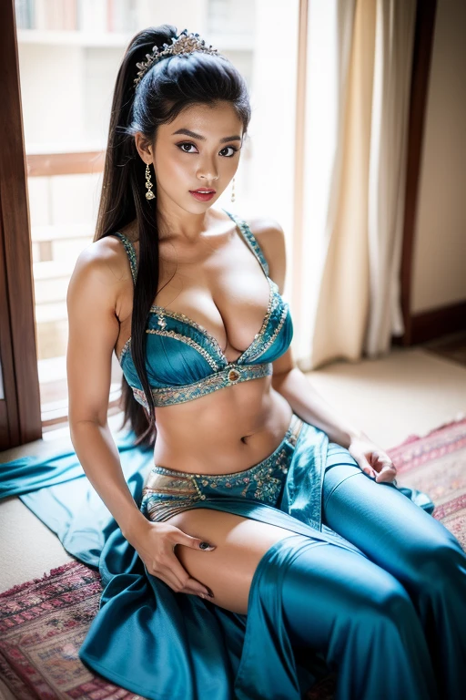 Fashion model 25 years old [[[[ cleavage]]]], [[[[boobgasm]]]], [[[[coll]]]], [[[[bshoulders]]]], perfect  eyes, Perfect iris，perfect lips，perfect teeth，Perfect skin，Long face，Lie down，long  hair ，，（pastel colour：1.2）  , showing breasts , waist up pose , pose 1.4 to camera , various shot angle , detail  attire,  blue sexy classy belly dancer dress