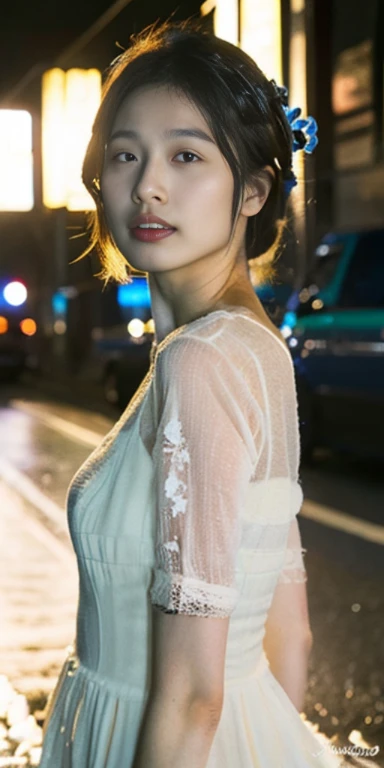 A beautiful woman,woman stands outside, sparkling skin, Ultimate luxury, Reflecting the rain, (standing outside in open next to street light)), the most beautiful woman on earth, (Her hair is long, She shines with natural radiance, radiant skin) , Stylish hairstyle, (Complex summer dress、pattern、hollow、lace、random color), An amazing woman, Perfect body,Medium breasts,thin waist,long legs,Her skin was wet, (Super fine节的夏装, fabric, (backlight)), (highest quality fabric texture), membranous, (surreal , Rainy days, atmosphere ,Soft accent light, Gorgeous Rembrandt style lighting, (Rembrandt Patch)), (highest quality wet fabric texture), matte dress fabrics, Her wet hair, surreal, Decorated with long eyelashes, The color of fireflies, A world of passion. meticulous,(fine grained), (最高細節肌膚紋理桃絨毛耳垂lifelike, water droplets) ○○ res – 超high resolution , The texture is very high (Water highlight resolution), lifelike的 hands and fingers – (lifelike美丽 4k) , 8K,Extreme details, close, She looks at the camera, tease, Her perfectly sculpted lips, lifelike, Highly realistic and natural lips. she is a, Vermeer, a work of art, Tempting. pamper.Solo woman, (highest quality fabric texture), Light-colored hair, every detail,Exquisite facial features, Masterpiece – Masterpiece ○○ Quality – (best quality) ,Leica film, High quality ○○ detailed – ○○ super detailed(Super fine ), lifelike的, Very detailed(Very detailed) , meticulous, (最高细节water dropletslifelike)○○ 解析度 – ○○ 解析度超high resolution(high resolution)