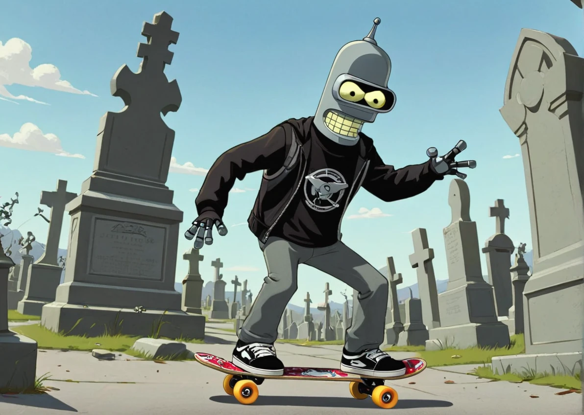 Bender playing Drums riding Skateboard on Graveyard, Art of Scott Peterson 