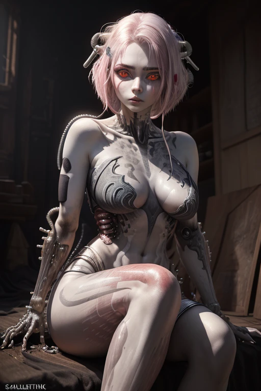 (BioPunk Girl:1.4), short mullet hairstyle, (Glowing scarlet eyes:1.2), (Translucent pale skin:1.4), No humans, Beautiful eyes with fine symmetry, bio body, (Intricate details:1.2), (Highly detailed face and eyes:1.2), No makeup, (dark circles:1.1), midnight aura, Creation of fantasy, Thrilling color schemes, posing sitting for a photo, (Delicate images), (Raw photo: 1.2), (Photorealistic: 1.4), (Highly detailed), (high resolution), (Best quality), (masterpiece)
