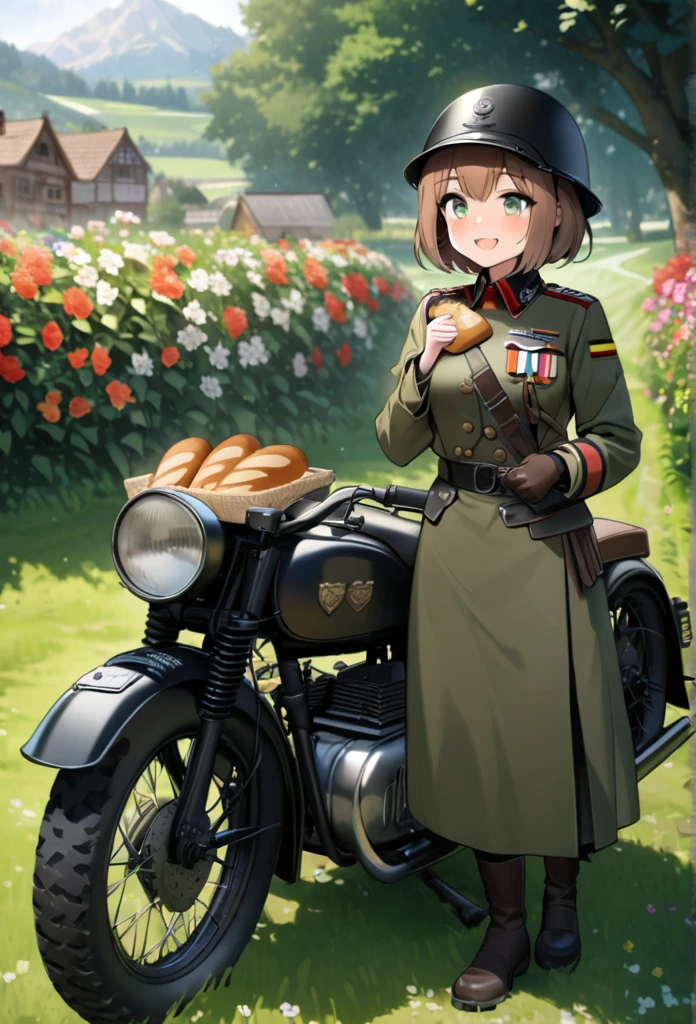 High quality, high definition images, full HD、8k.1 girl solo.old german military uniform,short hair,wear a german military helmet,chestnut hair,
old military motorcycle,military 、 peaceful rural village,(In the flower garden on the hill Sit next to your bike), eat bread,smile,